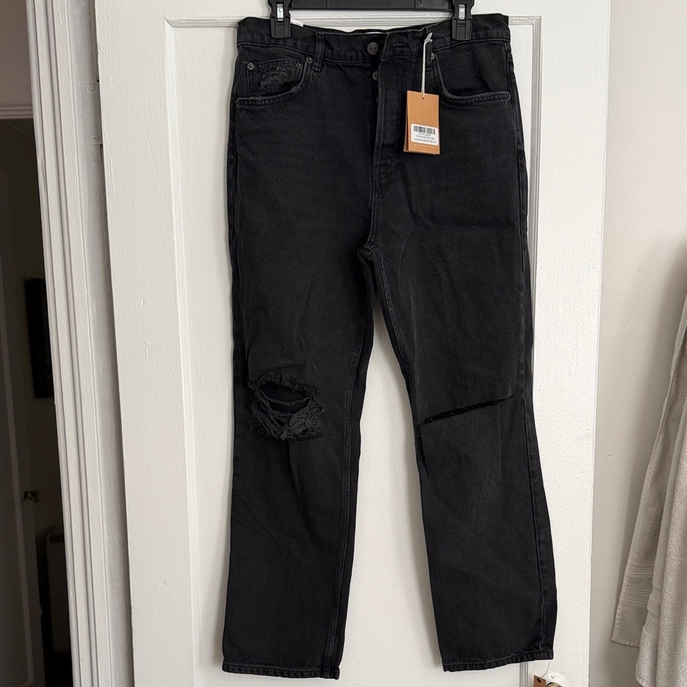 Reformation Washed Black Distressed Straight Leg Jeans